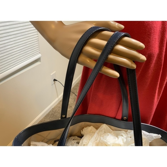 Michael Kors Blue Leather Logo Print Tote Handbag Dual Handles Sz 11x11 Luxe Bag - Picture 6 of 14